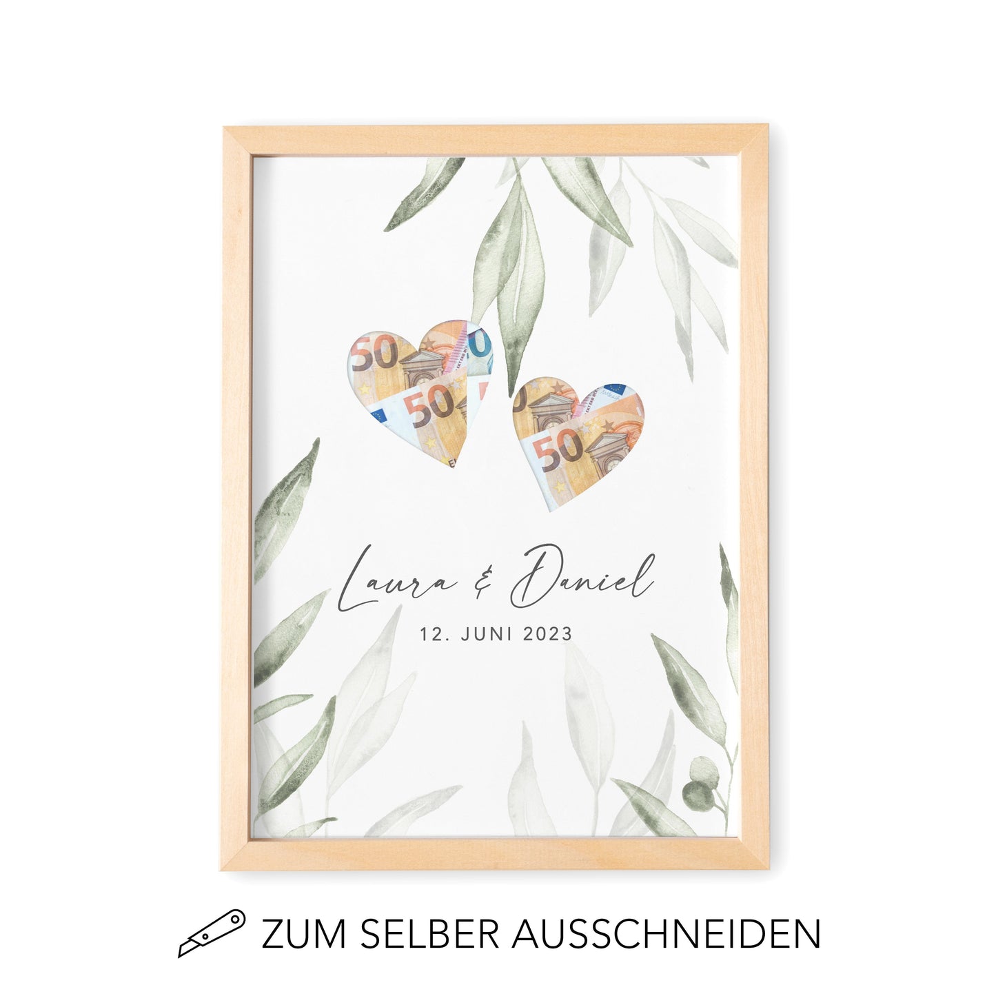 Geldgeschenk Hochzeit Personalisierbares Poster Mit Herzen & Olivenblätter Hochzeitsgeschenk Geld