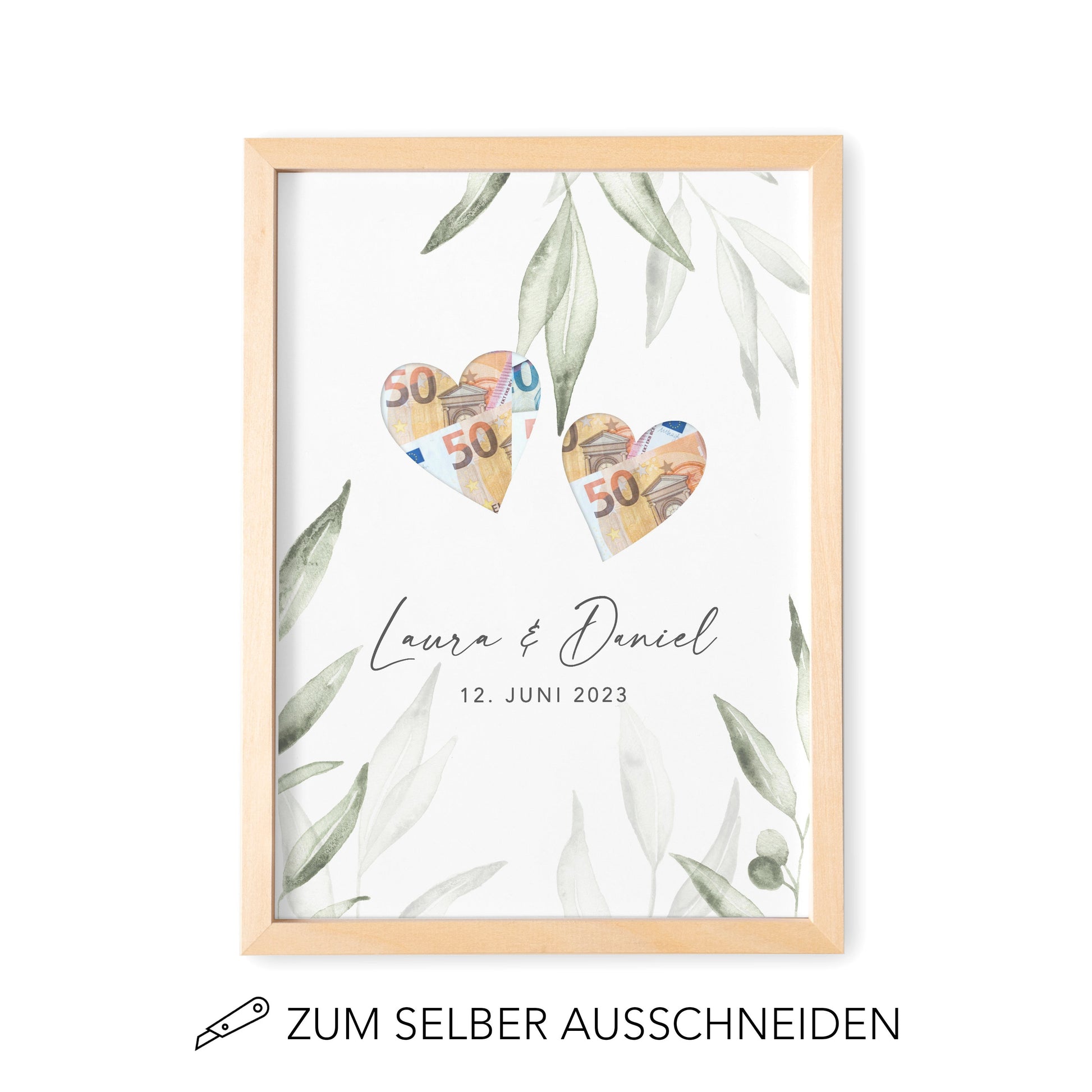 Geldgeschenk Hochzeit Personalisierbares Poster Mit Herzen & Olivenblätter Hochzeitsgeschenk Geld