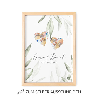 Geldgeschenk Hochzeit Personalisierbares Poster Mit Herzen & Olivenblätter Hochzeitsgeschenk Geld