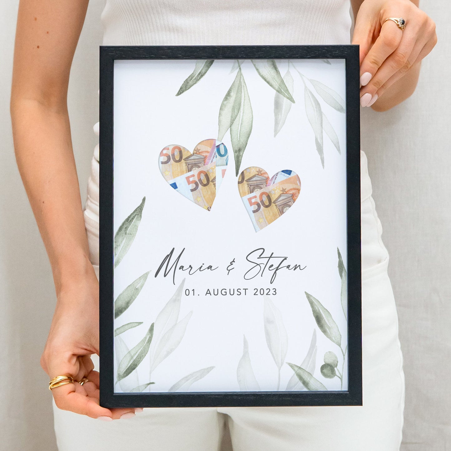Geldgeschenk Hochzeit Personalisierbares Poster Mit Herzen & Olivenblätter Hochzeitsgeschenk Geld