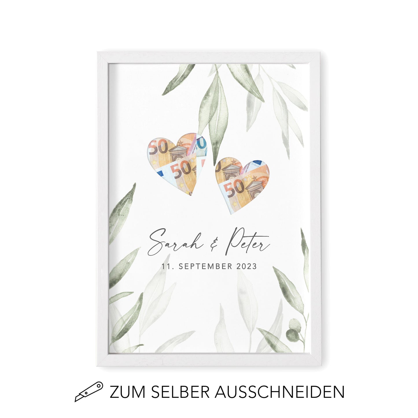 Geldgeschenk Hochzeit Personalisierbares Poster Mit Herzen & Olivenblätter Hochzeitsgeschenk Geld
