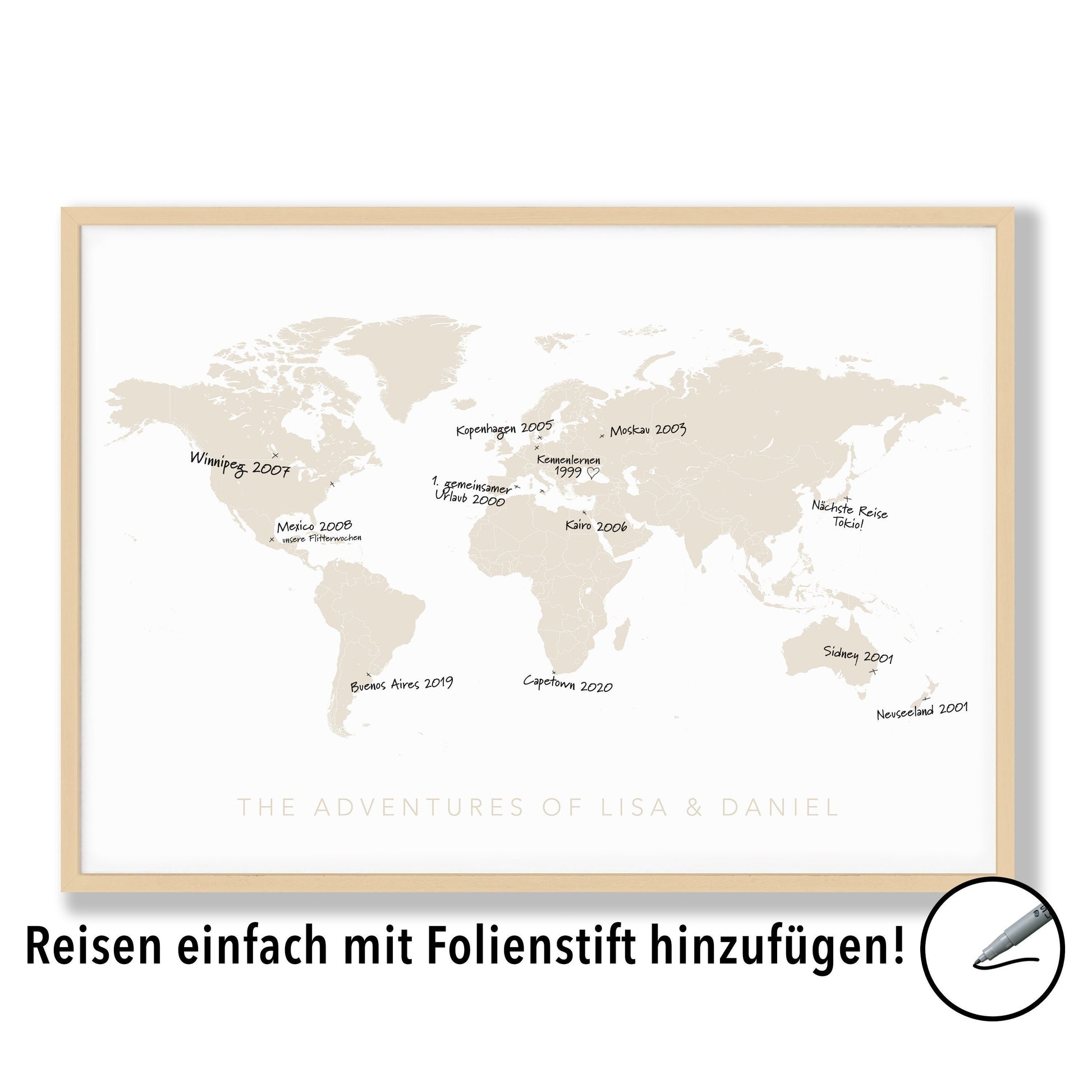 Personalisierte Weltkarte Zum Eintragen Der Reisen Pinnwand Wandbild Gerahmt