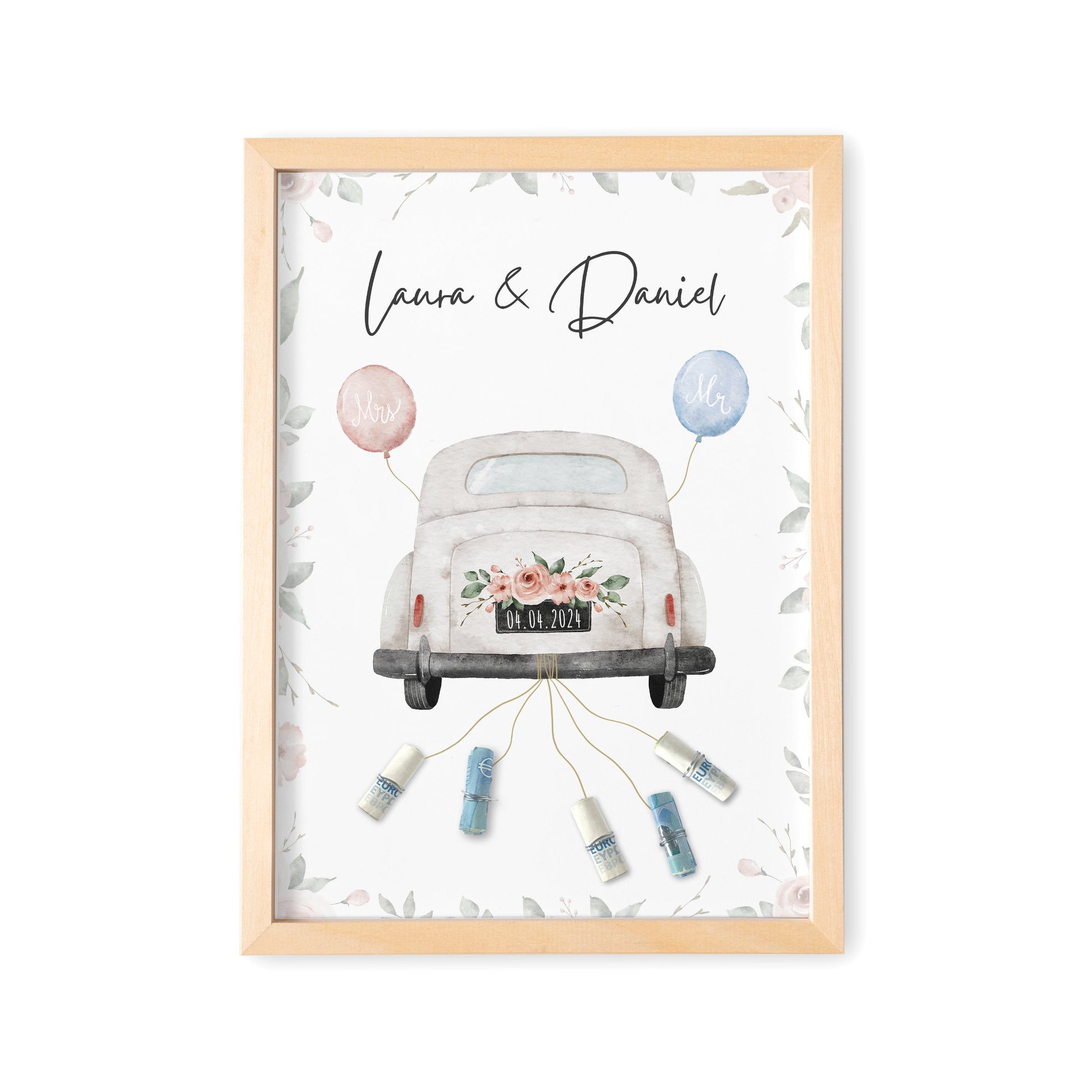 Hochzeitsgeschenk Geld Personalisiert Geldgeschenk Hochzeit Bild mit Auto für Brautpaar mit oder ohne Rahmen