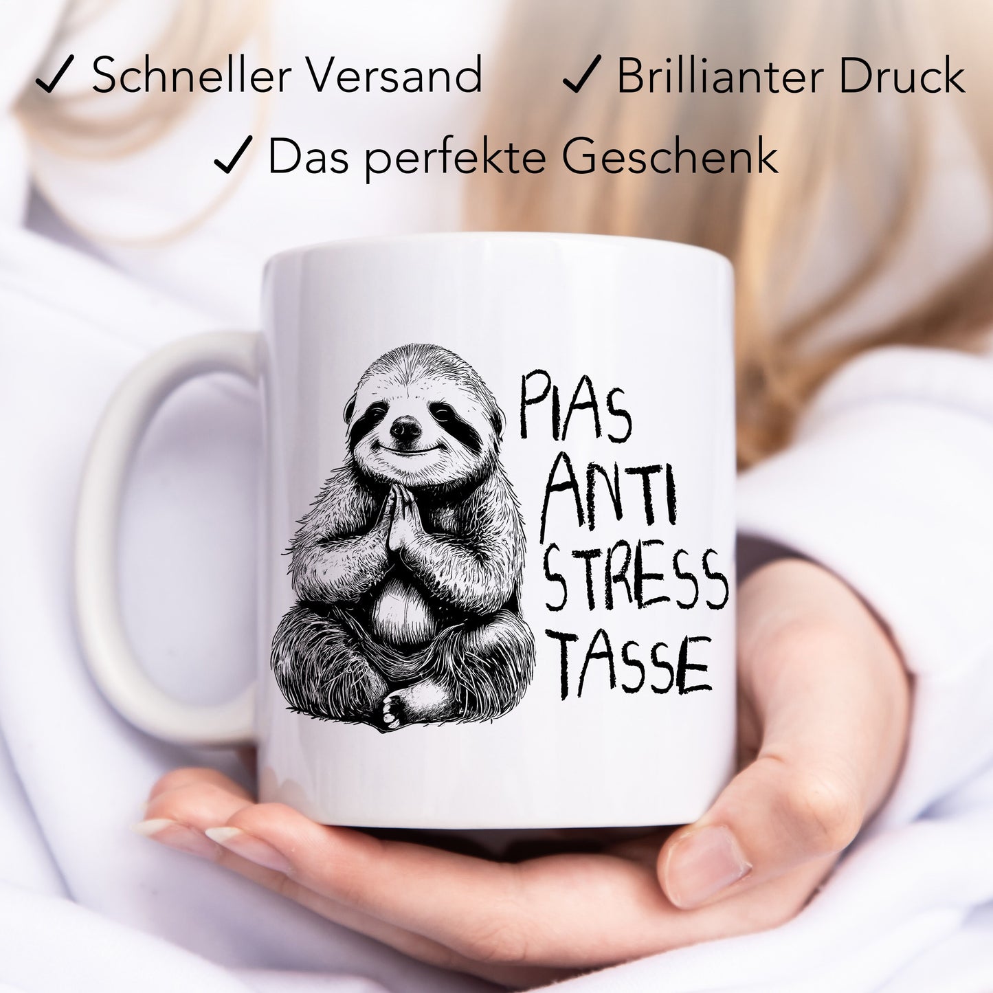Anti Stress Tasse personalisiert mit Namen und Faultier Lustige Tasse Geschenk Kaffeetasse Arbeit Büro