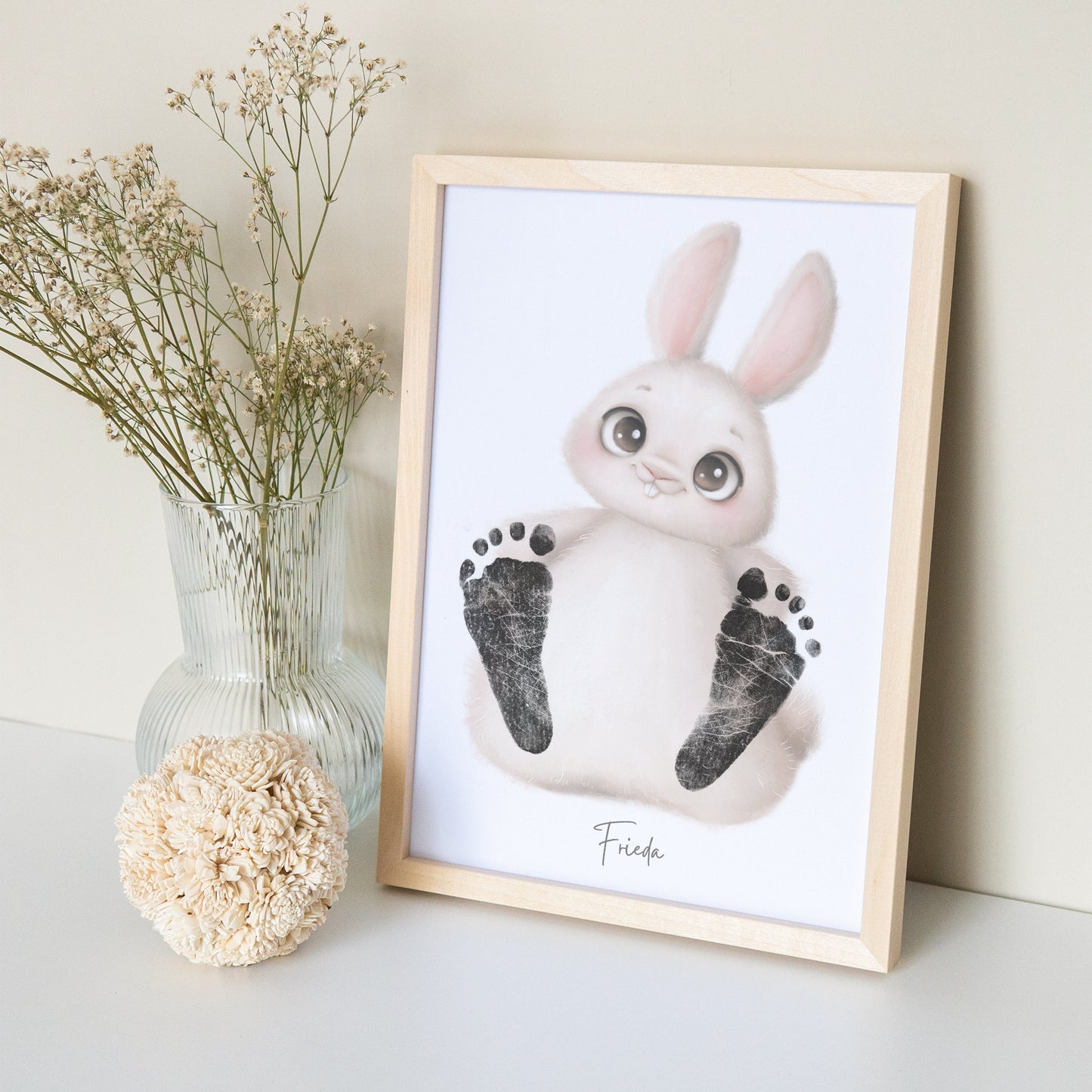 Baby Fußabdruck Bild Hase Fußabdrücke Personalisiert Babygeschenk zur Geburt Geschenk Kleinkind Kinderzimmerdeko (Ohne Farbe)