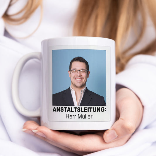 Anstaltsleitung Tasse mit Foto Personalisiert Geschenk für Chefin Chef Kollegen Lustige Kaffeetasse für Büro Kaffeebecher mit Spruch