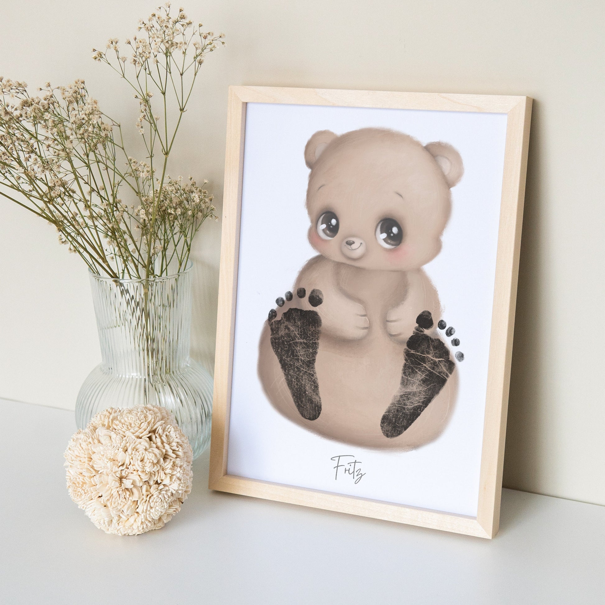 Baby Fußabdruck Bild Bär Fußabdrücke Personalisiert Babygeschenk zur Geburt Geschenk Kleinkind Kinderzimmerdeko (Ohne Farbe)