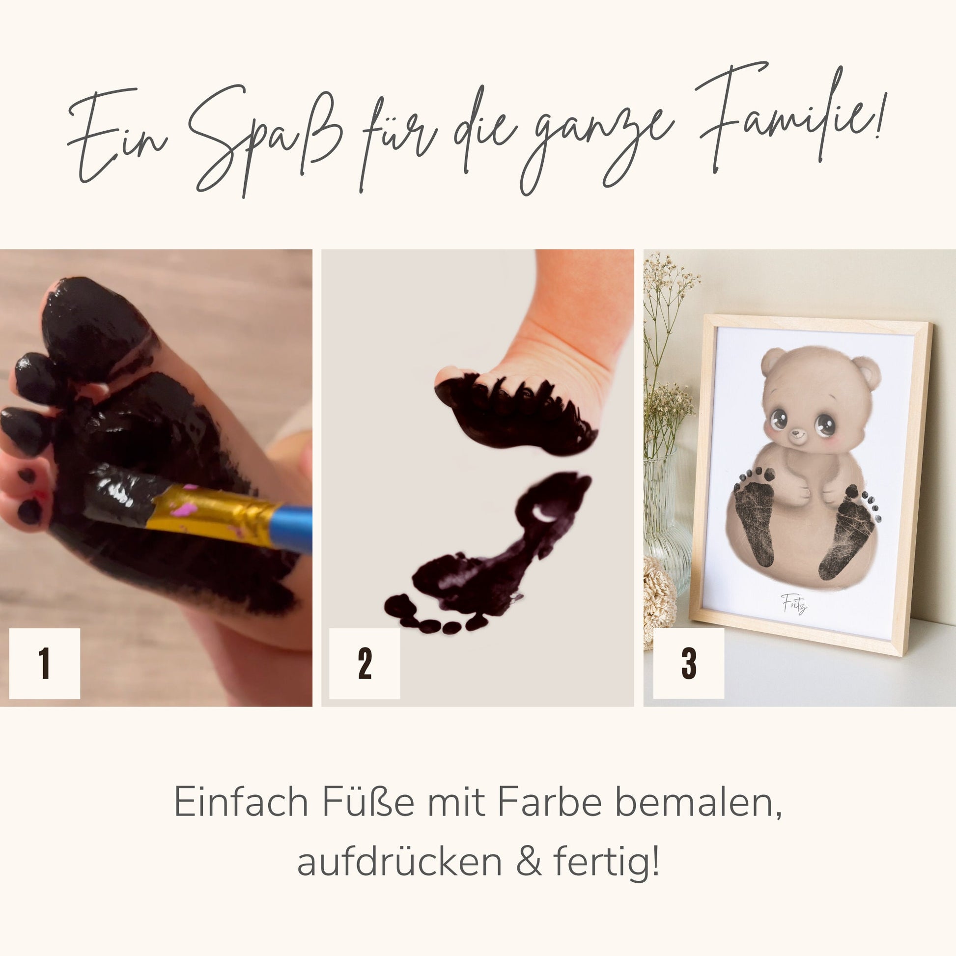 Baby Fußabdruck Bild Bär Fußabdrücke Personalisiert Babygeschenk zur Geburt Geschenk Kleinkind Kinderzimmerdeko (Ohne Farbe)