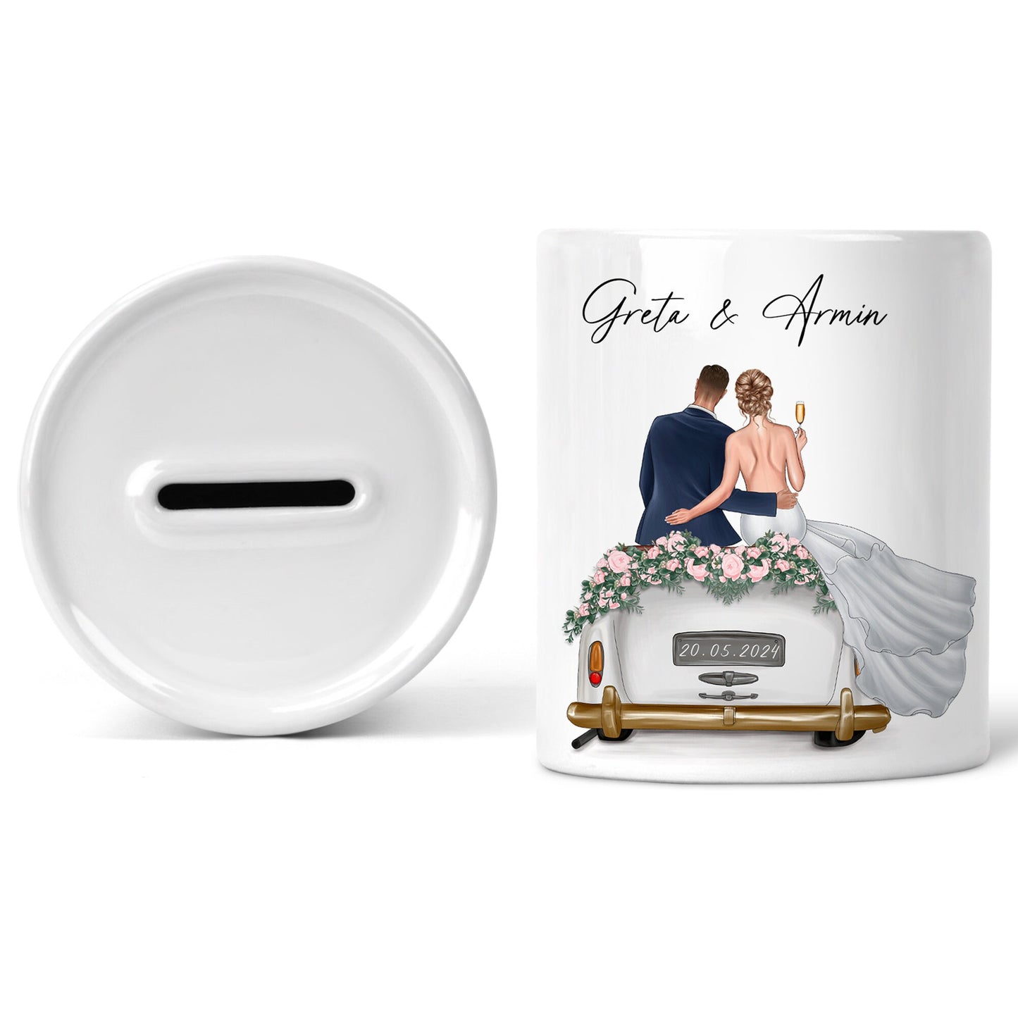Spardose Hochzeit personalisiertes Geldgeschenk Sparschwein mit Auto & Brautpaar Hochzeitsgeschenk Geld Geschenk Sparbüchse aus Keramik
