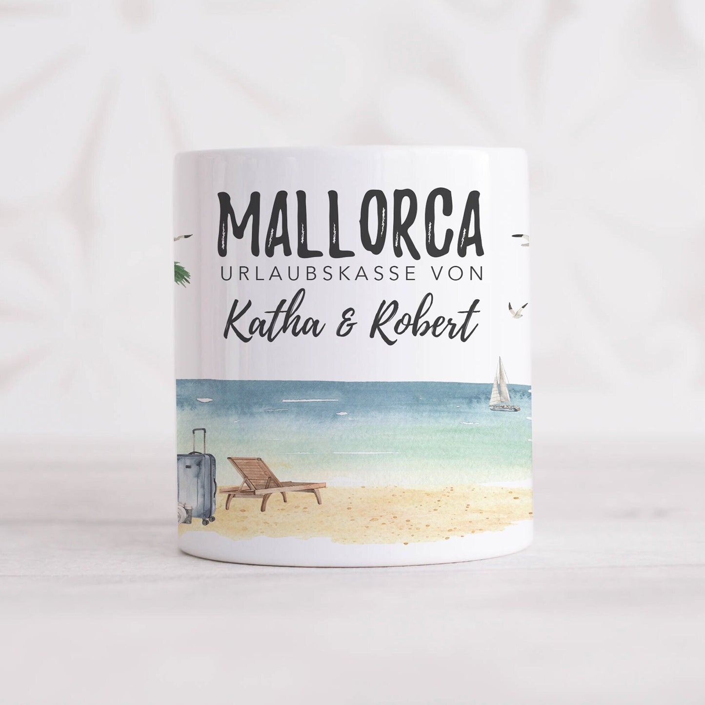 Urlaubskasse Geschenk personalisierte Mallorca Urlaub Spardose Urlaubsgeld Sparschwein mit Namen aus Keramik