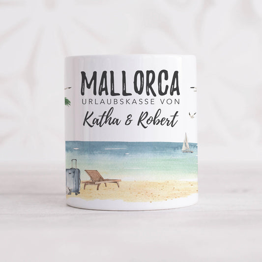 Urlaubskasse Geschenk personalisierte Mallorca Urlaub Spardose Urlaubsgeld Sparschwein mit Namen aus Keramik