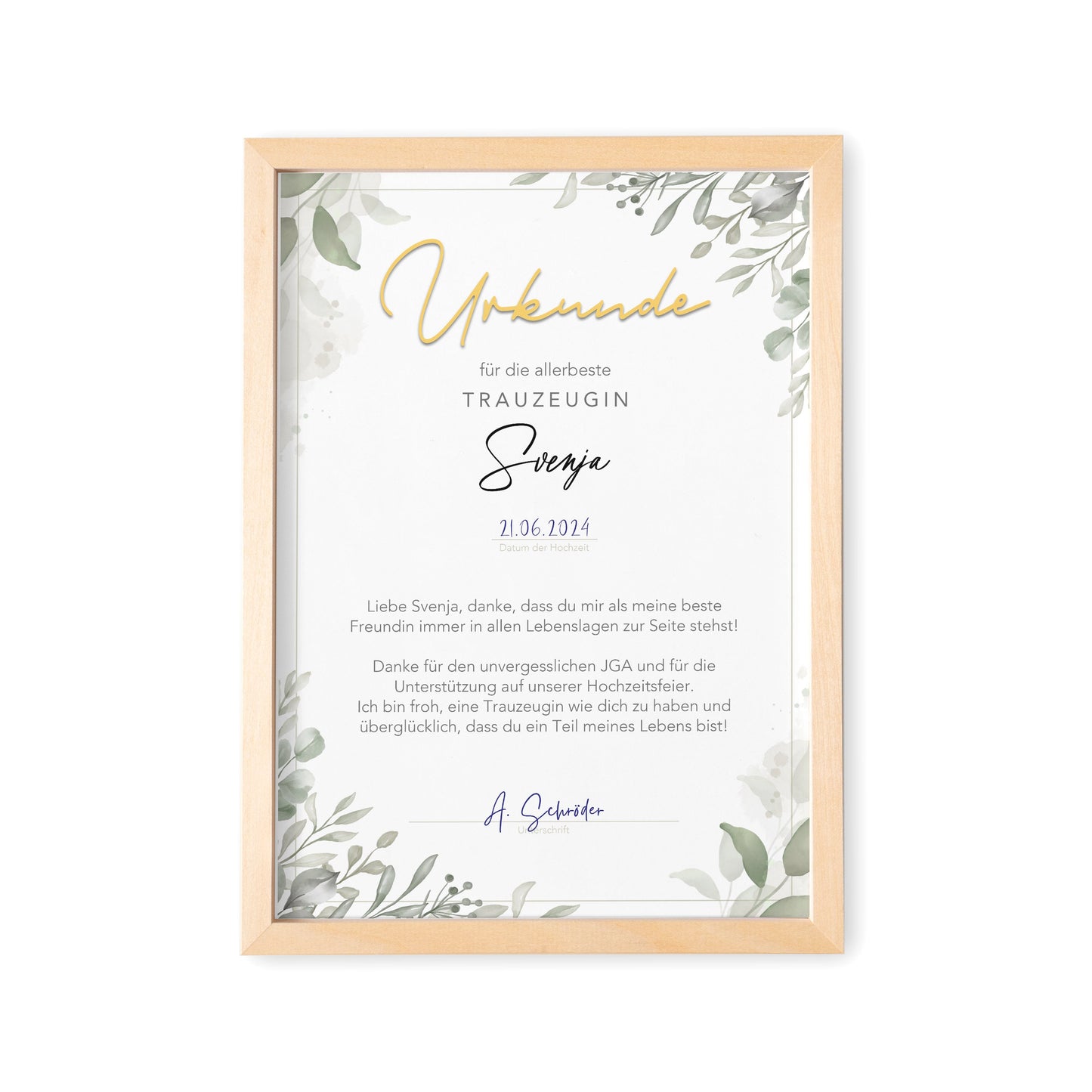 Trauzeugin Danke Geschenk personalisierte Urkunde für Trauzeuge Dankesgeschenk (mit oder ohne Rahmen)