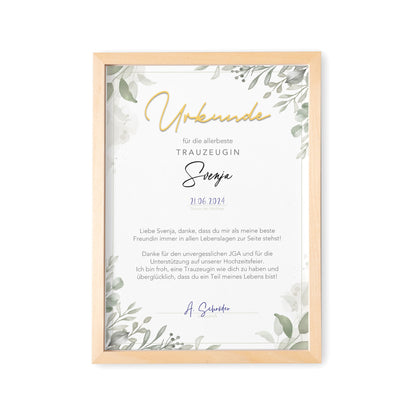 Trauzeugin Danke Geschenk personalisierte Urkunde für Trauzeuge Dankesgeschenk (mit oder ohne Rahmen)