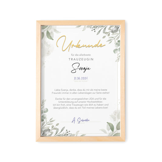 Trauzeugin Danke Geschenk personalisierte Urkunde für Trauzeuge Dankesgeschenk (mit oder ohne Rahmen)