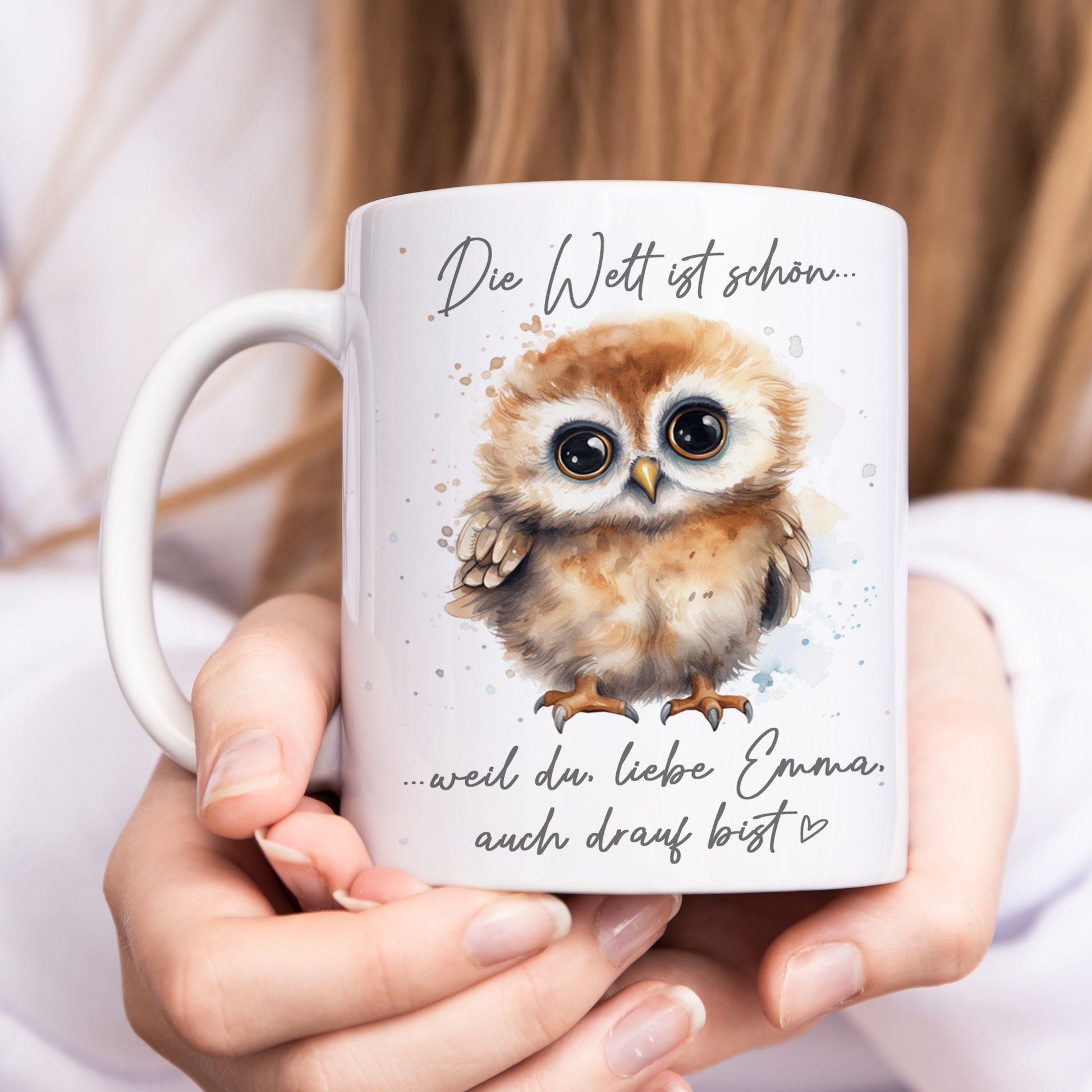 Die Welt ist schön weil du mit drauf bist Beste Freundin Tasse Eule personalisiertes Geschenk aus Keramik